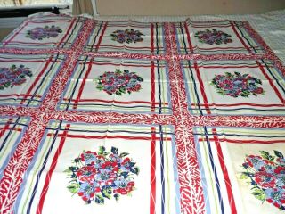 Vintage Table Cloth Flowers Red Blue Green 50 X 50