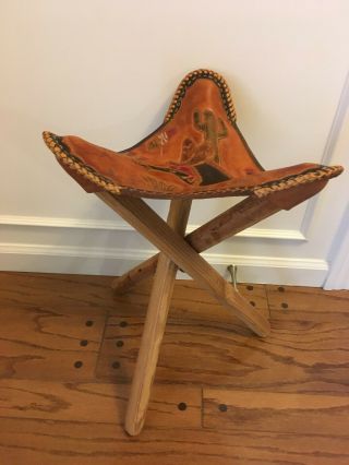 Vintage Mexico Tripod Stool Chair W/ Hand Tooled Leather Seat / Cover - Folding