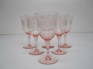 Set 6 Vtg Pink Cut Etched Depression Glass Drinking Glasses Stemware Goblet A