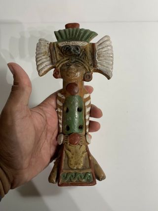 Pre Columbian Style Mexican Mayan Aztec Flute Whistle Man Clay Pottery Folk Art
