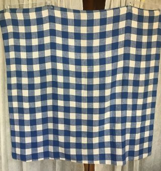 Vtg.  Linen Tablecloth Blue & White Checks 47 " X 50 " Shabby Country Farmhouse