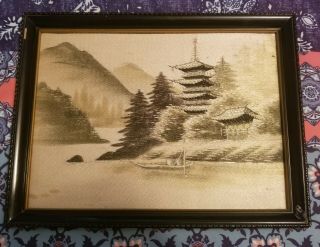 Vintage Asian Japanese Silk Embroidery Framed Art Lake Pagoda Boat Mountains