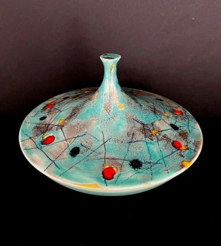 Vtg 1960s Mid Century Modern Turquoise Atomic Age Ceramic Dish & Lid Miro Style