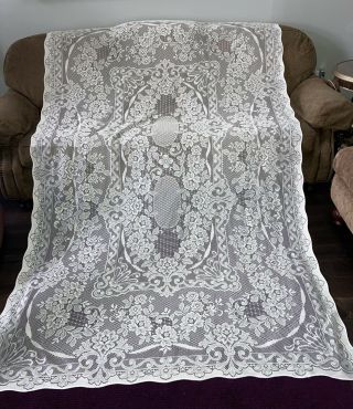 Stunning Vintage Ivory Quaker Lace Floral Tablecloth Huge 60x96