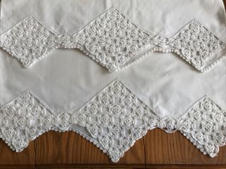 2 Vintage Cotton Pillowcases Set Hand Crocheted Edging