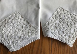 2 Vintage Cotton Pillowcases Set Hand Crocheted Edging 2