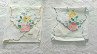 2 Vintage Hot Roll Covers Bread Basket Liner Floral Applique 4 Part Fold