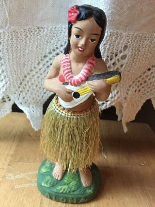 Vintage Chalkware Aloha Hula Girl W/ukulele Japan Bobble Nodder Hawaiiana Hawaii
