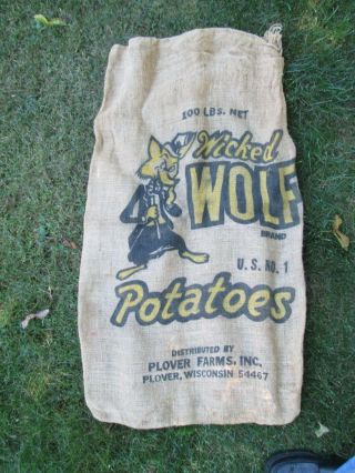 Vintage Wicked Wolf Brand U.  S.  No.  1 Burlap Potato Sack 100 Lb Plover,  Wis.