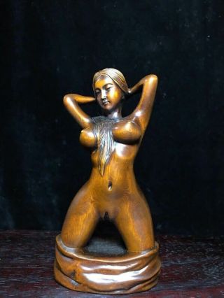 Collectibles Natural Boxwood Figurine Carved Naked Beauty Girl Wood Statue AP152 3