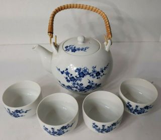 Vintage Omc Japan Tea Set Ceramic Teapot Bamboo Handle Four Cups Blue Floral