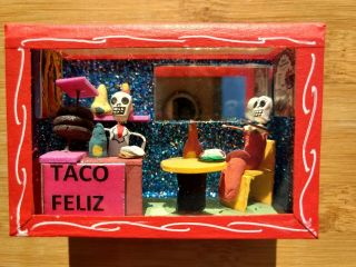 Taco Shop Mexican Day Of The Dead Shadow Box Happy Taqueria Diorama Folk Art