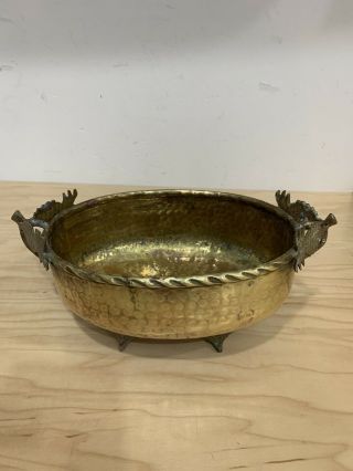 Vintage Ornate Hammered Brass Oval Footed Planter Pot With Pineapple Handles.