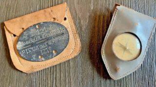 Vintage Wwi German Dog Tag W/ Leather Pouch & Old German Compass/ Opisometer