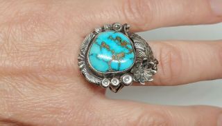 Vtg Sterling Silver 1 " H Royston Turquoise Stud Leaf Ring Sz 8 Signed E C