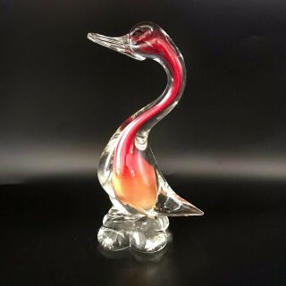 Vintage Hand Blown Murano Art Glass Goose Red Gold Italy 8 " Tall