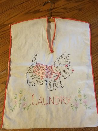 Just The Cutest & Sweetest Vintage Embroidered Laundry Bag With Scottie Dog