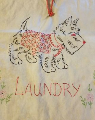 Just The Cutest & Sweetest Vintage Embroidered Laundry Bag with Scottie Dog 2