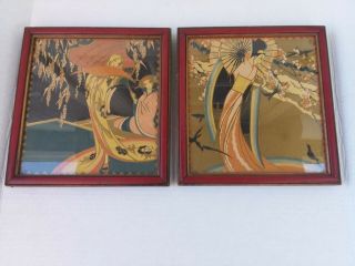 Vintage Asian Art Deco Framed Pair Pictures Prints Elegant Ladies