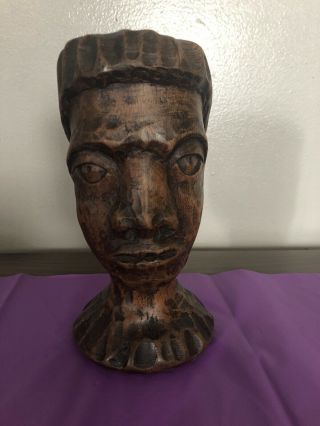 Vintage Brown Hand Carved Wood Figurine Sculpture African Tribal Man Head Bust