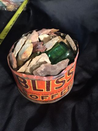 Vtg Bless Coffee Can Full Of Broken Arrowheads Tools And Artifacts & Green Botle