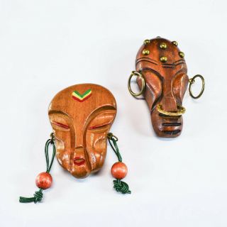 Vintage Mid Century Pair (2) Handmade Wood Tiki Tribal Face Brooches - Pins