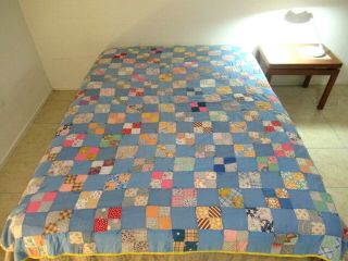 Vintage Feed Sacks Hand Pieced Four Patch Tied Quilt; Needs Minor Tlc; Full