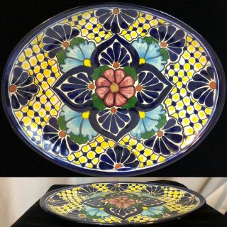 Talavera Amora Mexican Pottery Blue Yellow Floral Ceramic Oval Platter Wall Art