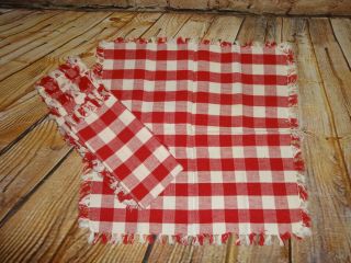 Vintage Cloth Napkins Red White Checkered Check Fringed 15 " Square Set Of 4