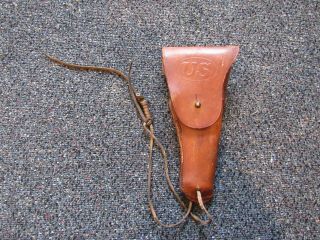 Wwi Us Army 1916 Clinton Dated And Marked.  45 Brown Leather Hip Holster Tie Down