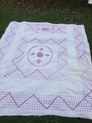Vintage Purple And White Cotton Chenille Bedspread Cutter Crafts Fabric 108 X92