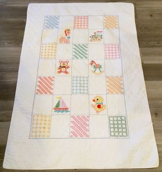 Vintage Hand Made Crib Quilt,  Cross Stitch Embroidery,  Duck,  Sailboat,  Giraffe