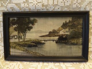 Vintage Asian Oriental Framed Picture Painting On Fabric - Lake - Cabin - Mountains