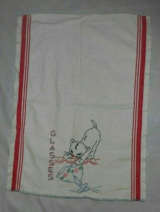Vintage Cotton Tea Towel White W/ Red Stripes Embroidered Cat & Glasses 16x22 "