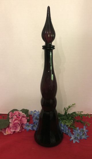 Large 18”vintage Empoli Purple Amethyst Glass Genie Bottle Decanter Mcm 1960’s