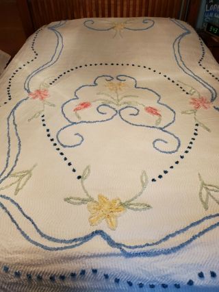 Vtg White Chenille Full Queen Bedspread Coverlet Pink Yellow Flowers Green Blue