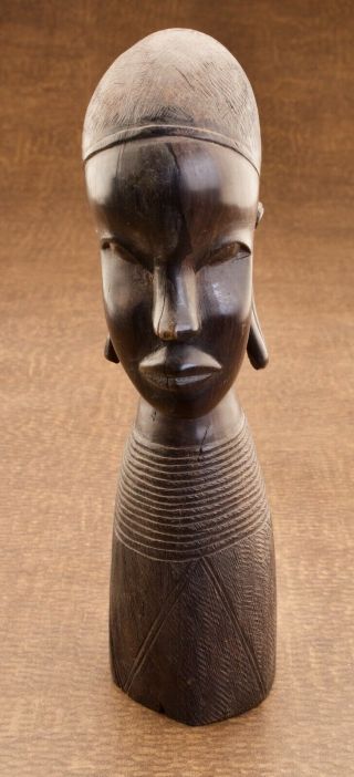 Hand Carved Ebony Wood African Tribal Woman Bust 11 3/4 
