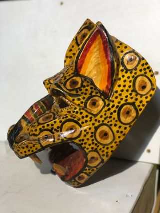 Mexican Folk Art Carved Wood Jaguar Leopard Cat Head Wall Face Mask