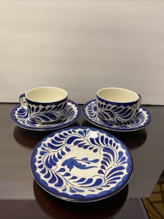 Anfora Pottery Pintado A Mano Cobalt Blue Tea Cups Saucers