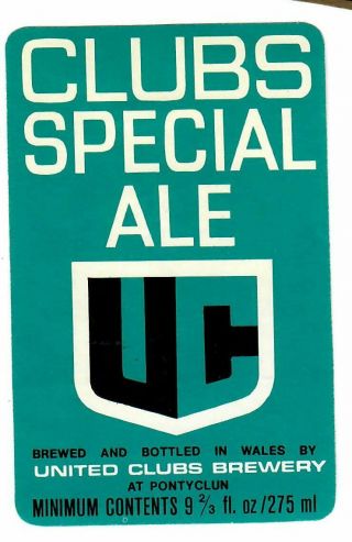 Beer Label: United Clubs Brewery,  Pontyclun Clubs Special Ale 90mm Tall