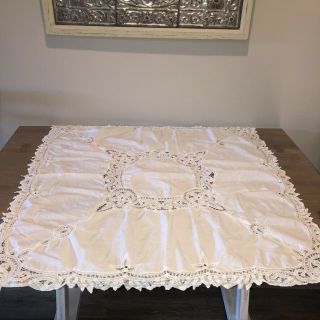 Vintage White Battenburg Lace Tablecloth Topper 38 " Square Classic Cottage Euc