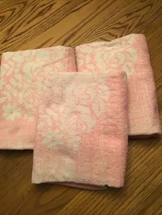3 Vintage Cannon Pink White Floral Sculpted Rose Bath Towels
