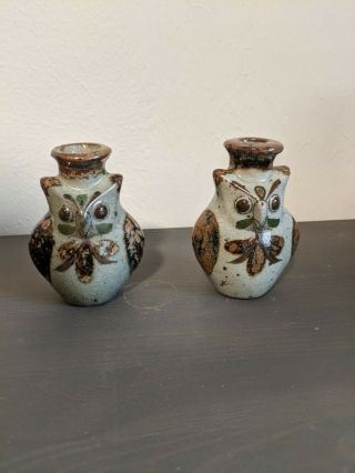 Vintage Jorge Wilmot Tonala Handmade Pottery Owl Figures Figurines 2 Vase Candle
