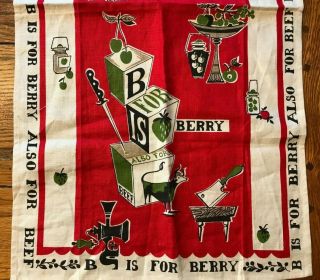 Vtg Red Linen Kitchen Tea Towel Printed " B Is For Berry & Beef " Mid Century Mod
