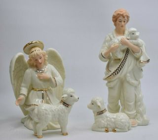 Vintage Bon Ton Jade Porcelain Nativity 4 Figurines Shepherd Angel 2 Sheep Euc