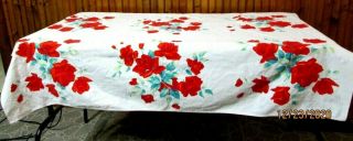 Vintage Tablecloth Bright Red Roses 49 X 53 Inches