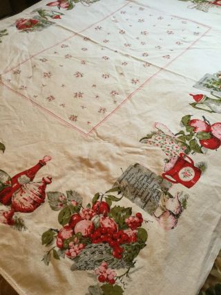 Vtg Tablecloth Fruits Flowers Pinks Reds Etc.  52 X 62