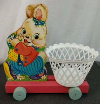 Vintage Fisher Price Wooden Bunny Easter Rabbit Cart Wagon Basket 303 Pull Toy