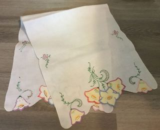 Vintage Table Runner Or Dresser Scarf,  Embroidered Flowers & Leaves,  Linen