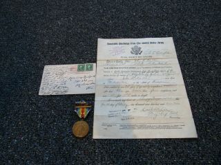 Wwi Us Army Victory Medal W/ France Bar,  Discharge,  And Post Card Grouping
